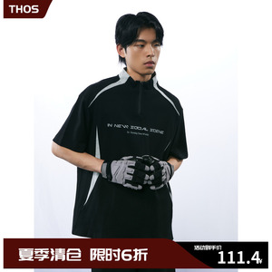 THOS 23SS 解构撞色拼接印花拉链polo国潮牌休闲宽松运动套装短袖