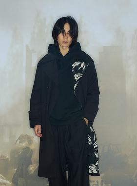 THOS「载沉」水墨花卉解构双排扣多穿法廓形风衣中长款外套配腰带