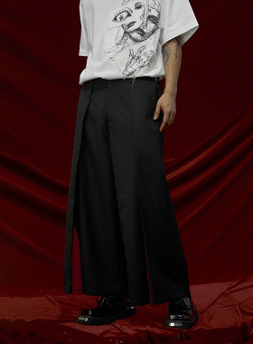 THOS 撞色不规则拼接垂感武士裤休闲宽松高级黑色半松紧情侣裙裤