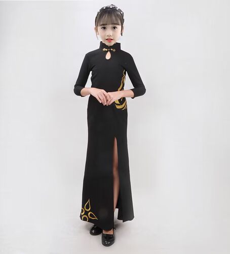 儿童旗袍女童模特形体礼仪训练服少儿演出服装T台走秀中式连衣裙