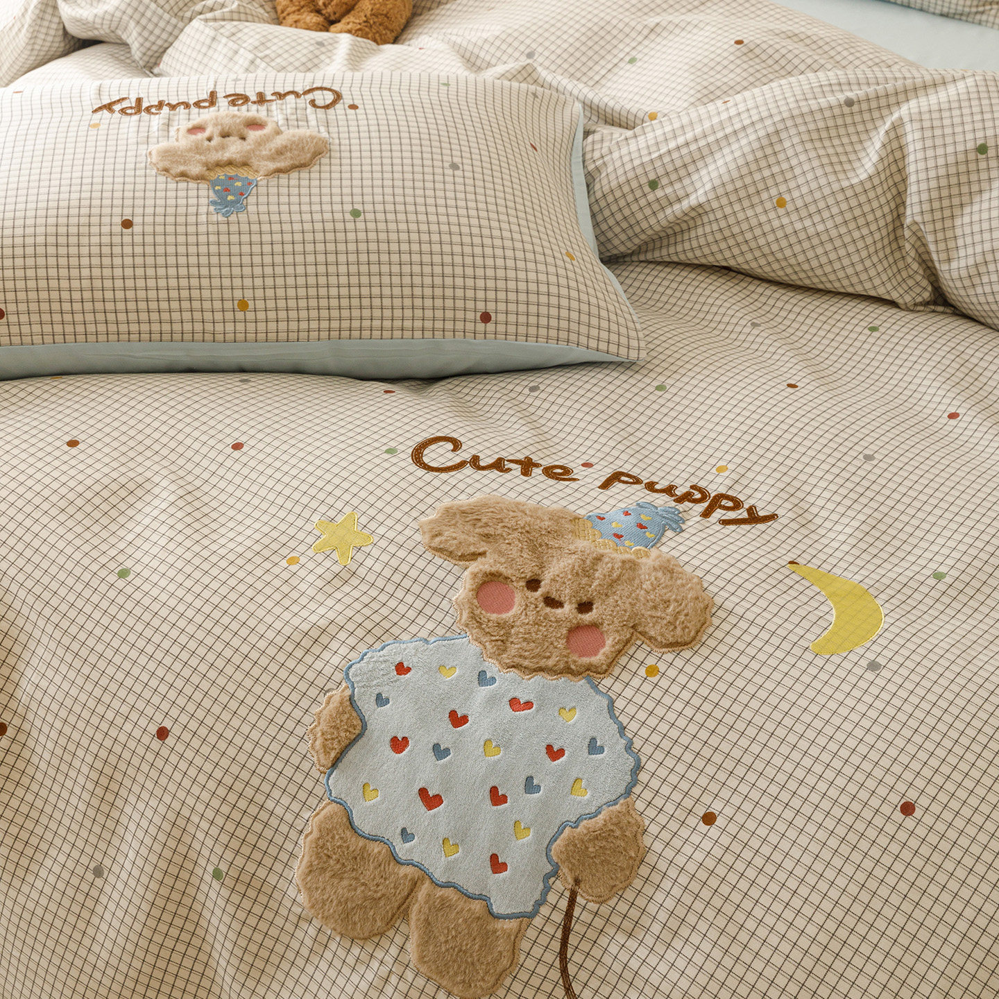 卡通风可爱小熊贴布绣全棉床上四件套床单被套学生宿舍三件套床品,床上用品,床品套件/四件套/多件套,淘宝优惠券,粉丝福利购,淘宝优惠卷