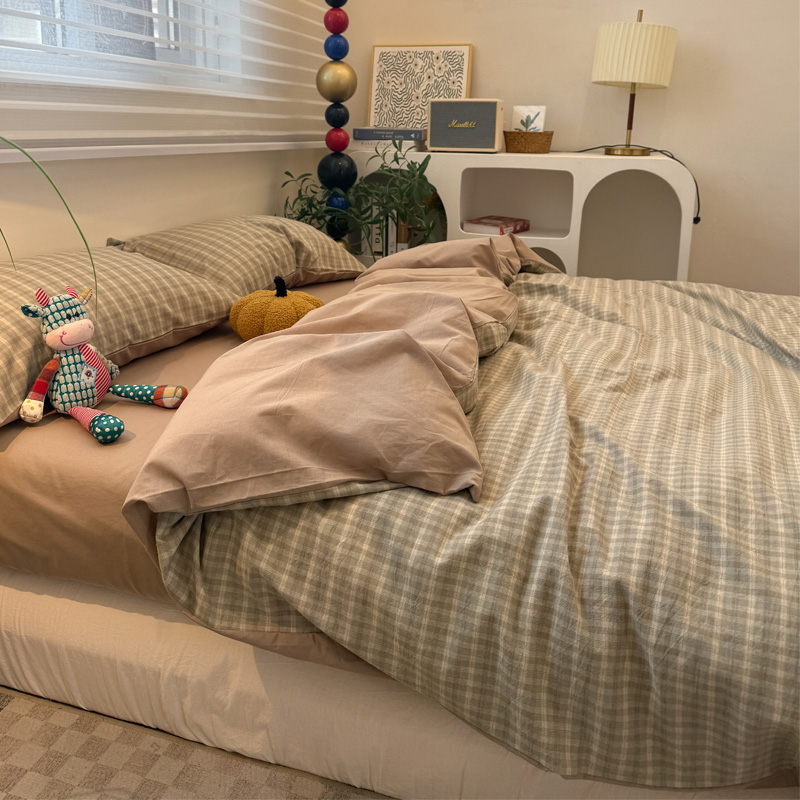ins简约全棉格子色织水洗棉床上四件套1.8米纯棉床单被套床品1.5m