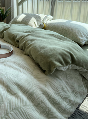 小清新绿色加厚雕花绒立体曲线四件套珊瑚绒1.5m保暖法兰绒三件套