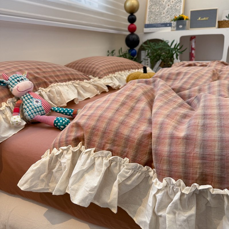 韩式复古风简约格子水洗棉四件套纯棉全棉学生宿舍三件套床上用品
