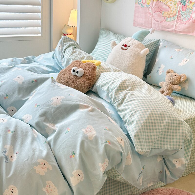 少女心卡通狗狗双人床上四件套纯棉全棉床单被套床笠款宿舍三件套