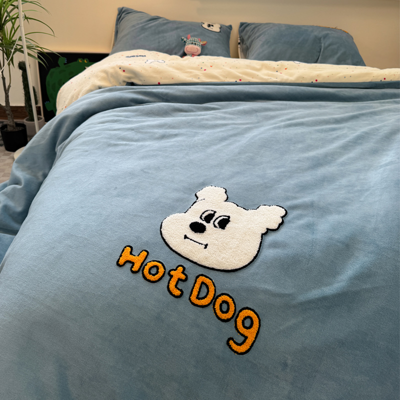 ins风刺绣牛奶绒床上四件套卡通珊瑚绒床单被套床笠床品1.8m1.5米