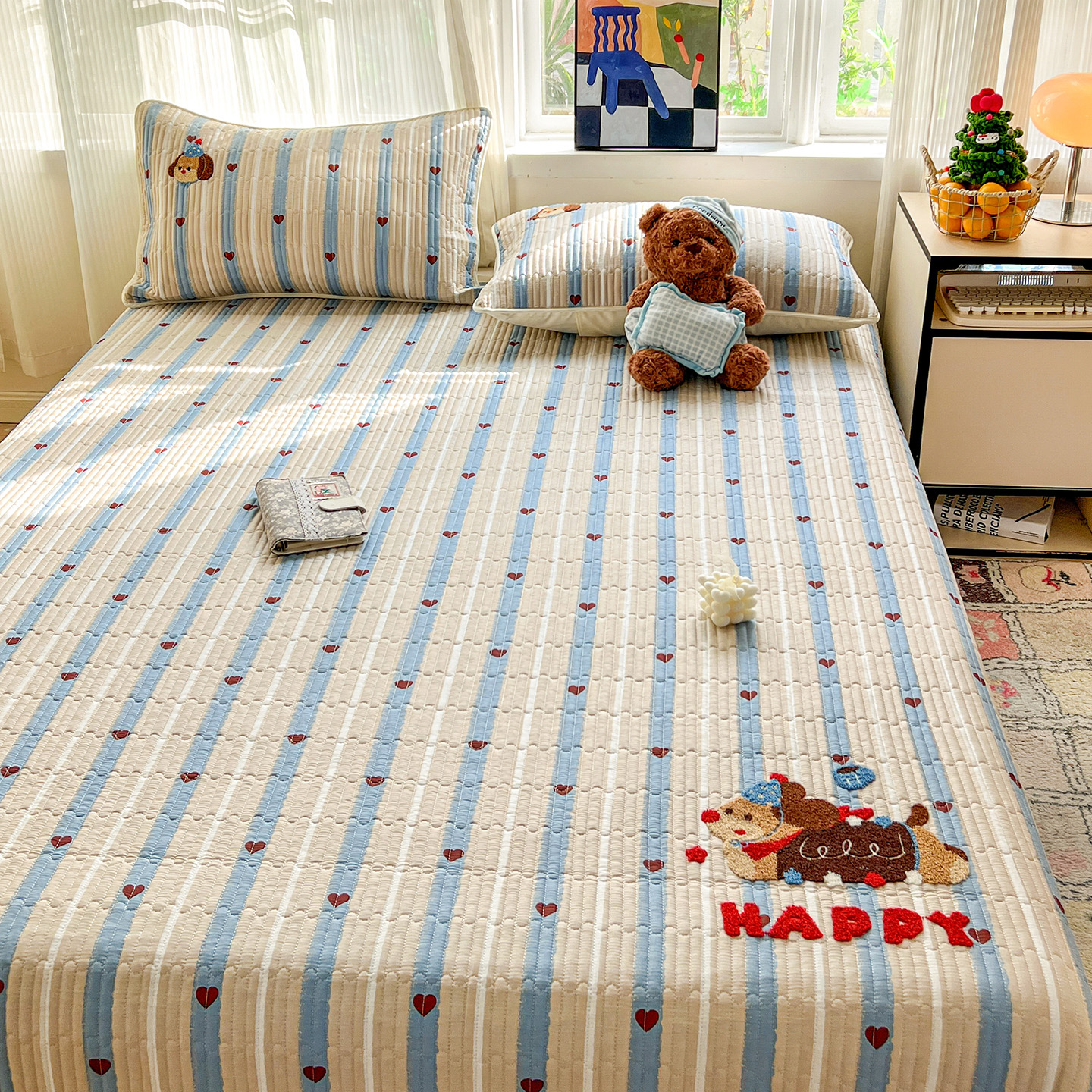 ins全棉毛巾绣床盖单件2025新款四季通用榻榻米夹棉床单人三件套3