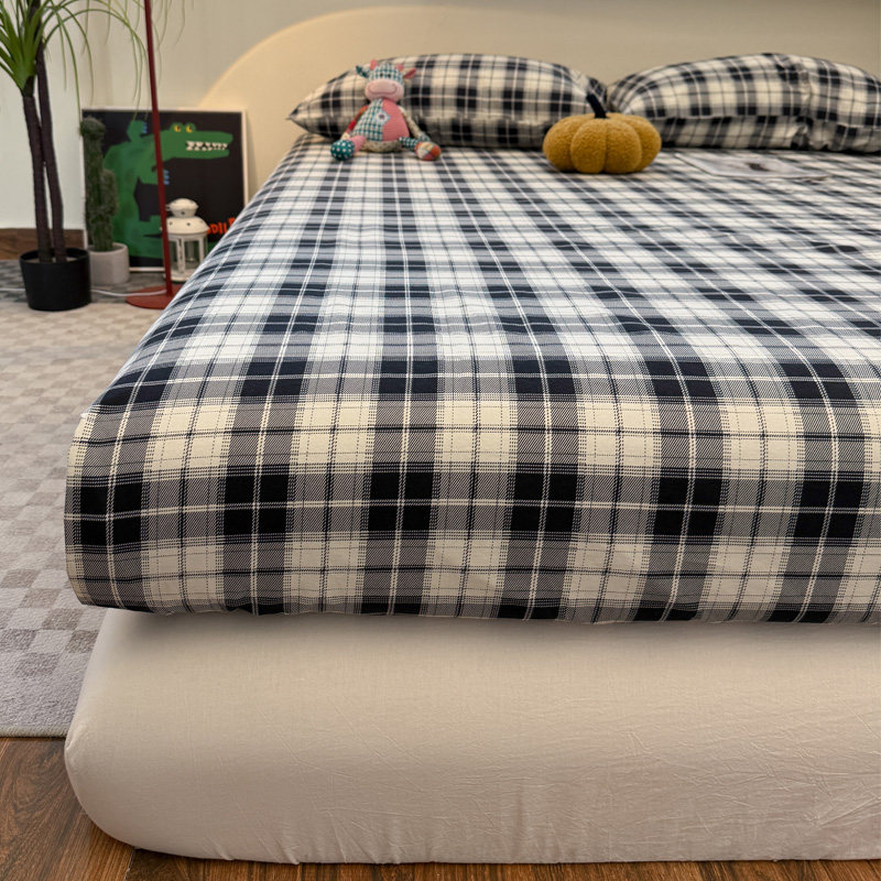 黑白格子秋冬床笠单件纯棉磨毛加厚床垫席梦思保护套防滑固定床罩