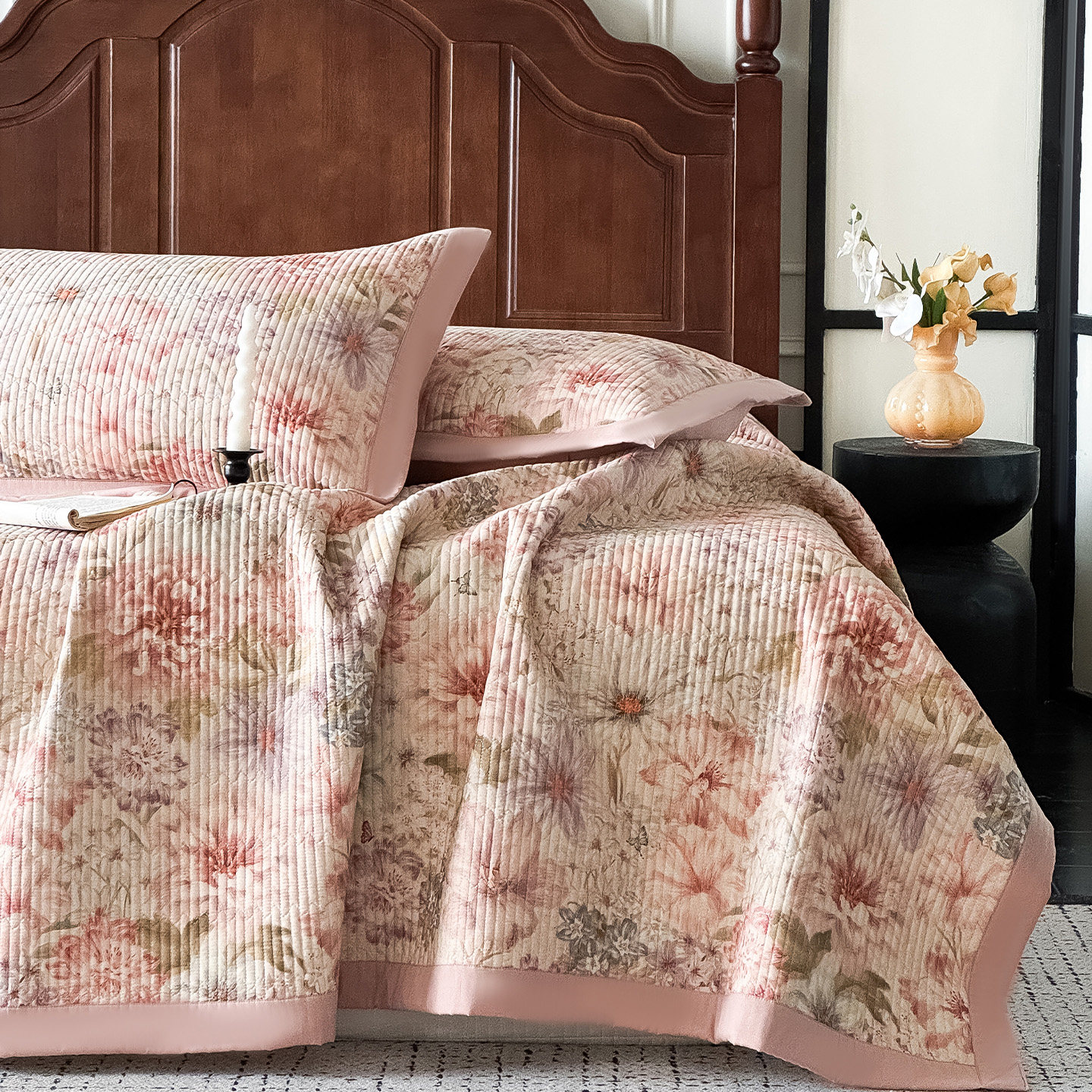 法式田园花卉全棉加厚绗缝床盖三件套纯棉炕盖防滑榻榻米床单床品,床上用品,床盖,淘宝优惠券,粉丝福利购,淘宝优惠卷