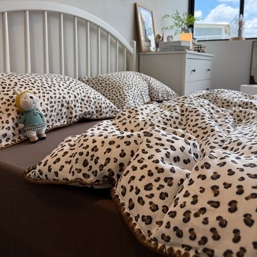 ins简约豹纹床上四件套全棉纯棉1.8米被套床单床笠宿舍三件套床品