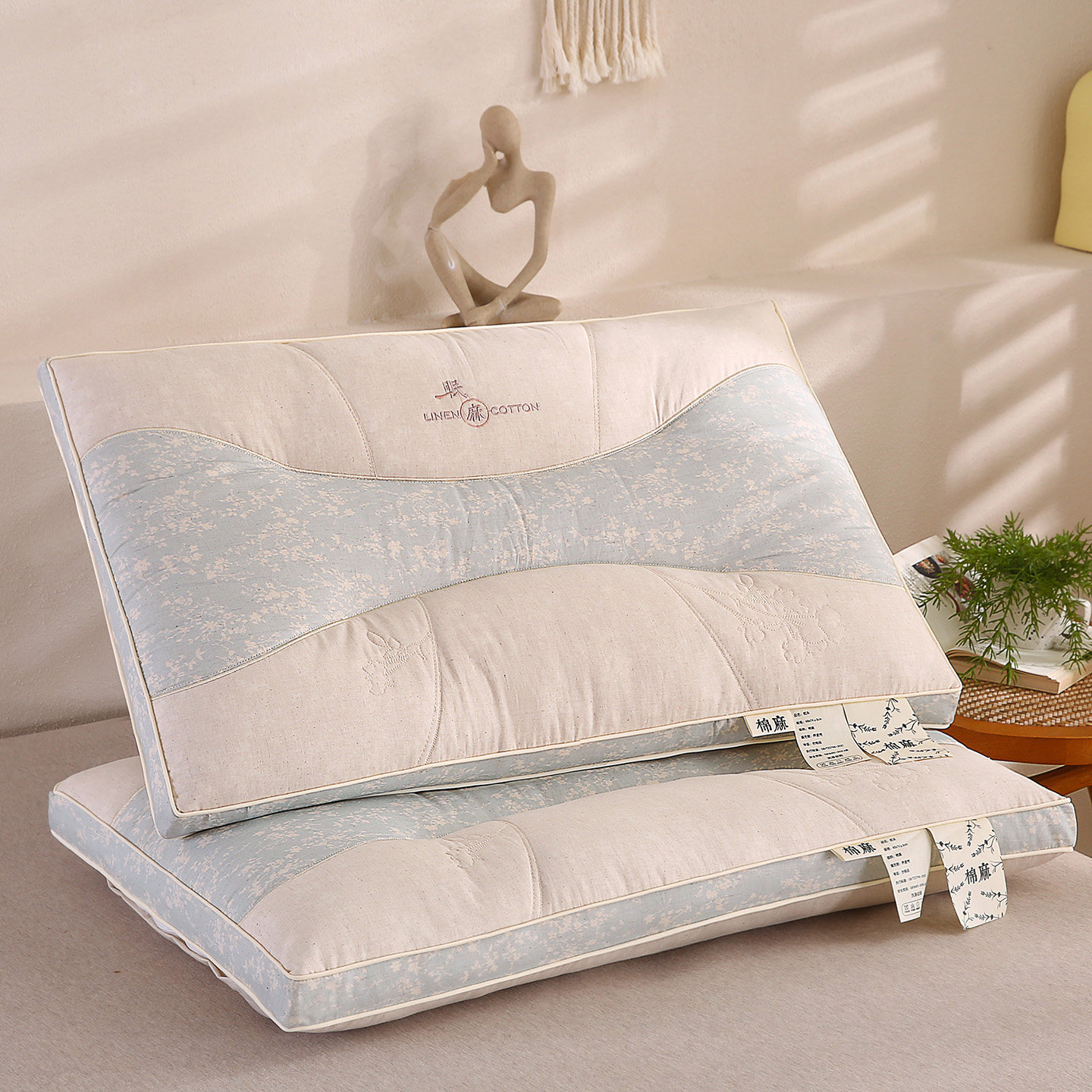 棉麻定型枕助睡眠超软中枕舒适柔软民宿酒店枕头亚麻枕芯四季通用