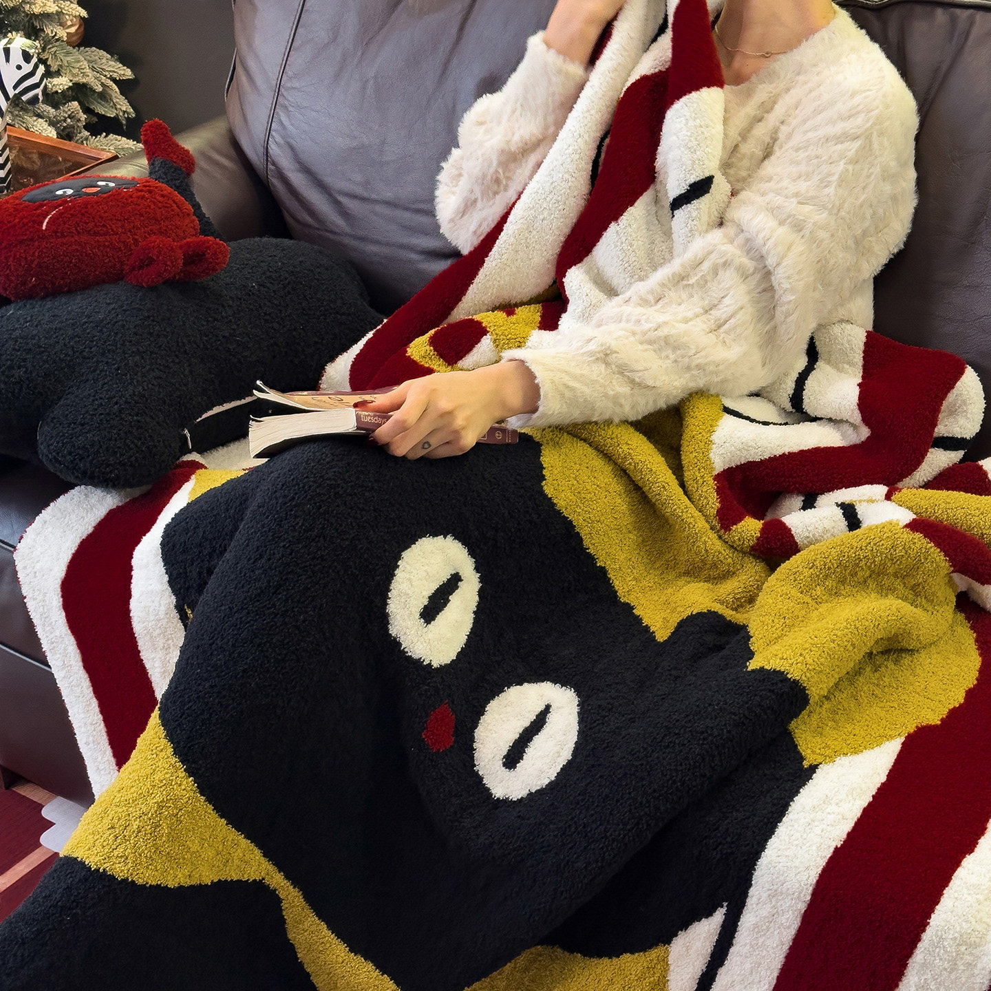 2026新款黑色猫咪毛毯半边绒毯子保暖办公室午休毯空调毯盖毯单人