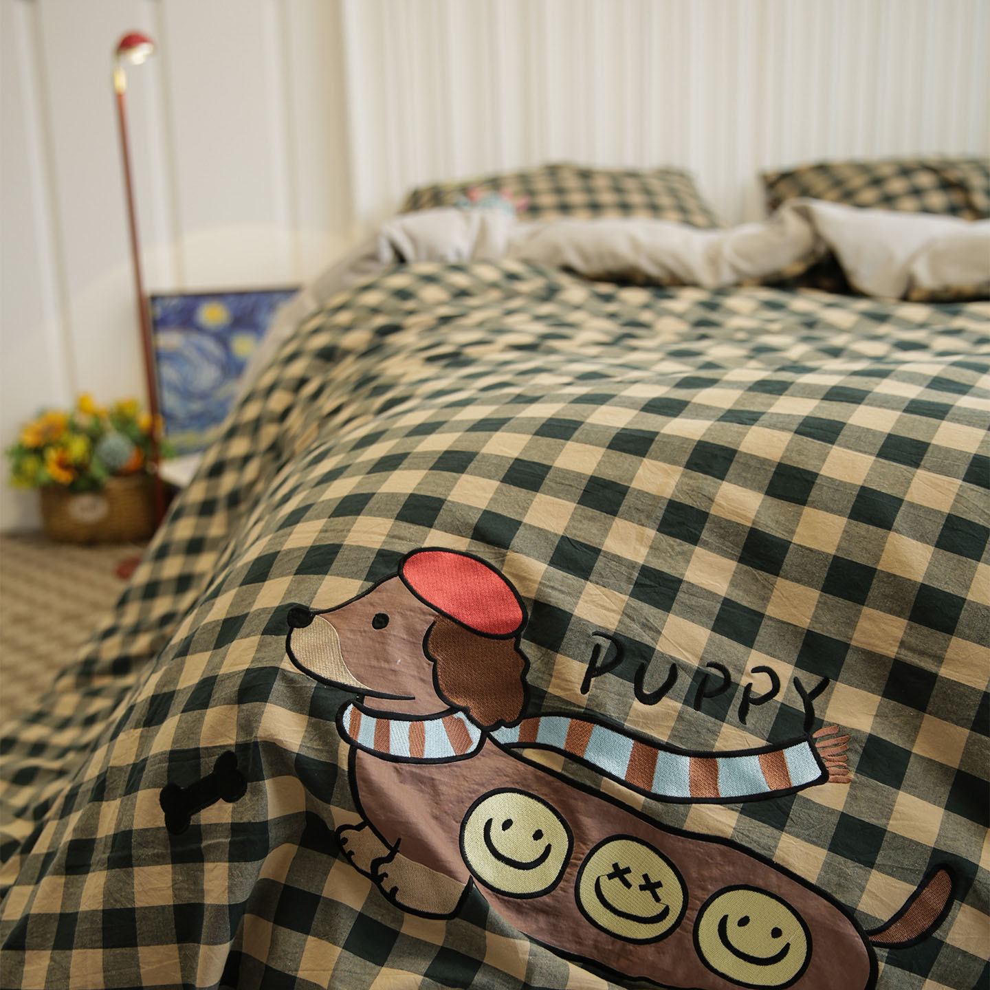 秋冬A面纯棉水洗棉B面婴儿绒加厚四件套腊肠狗刺绣婴儿绒被套床品