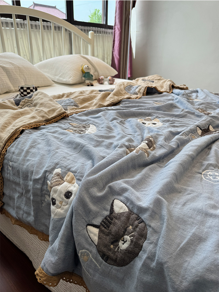 고양이 세탁기로 세탁 가능한 국산 5겹 순면 거즈 여름 이불 얇은 이불 이불 이중 거즈 여름 시원한 이불 에어컨 이불