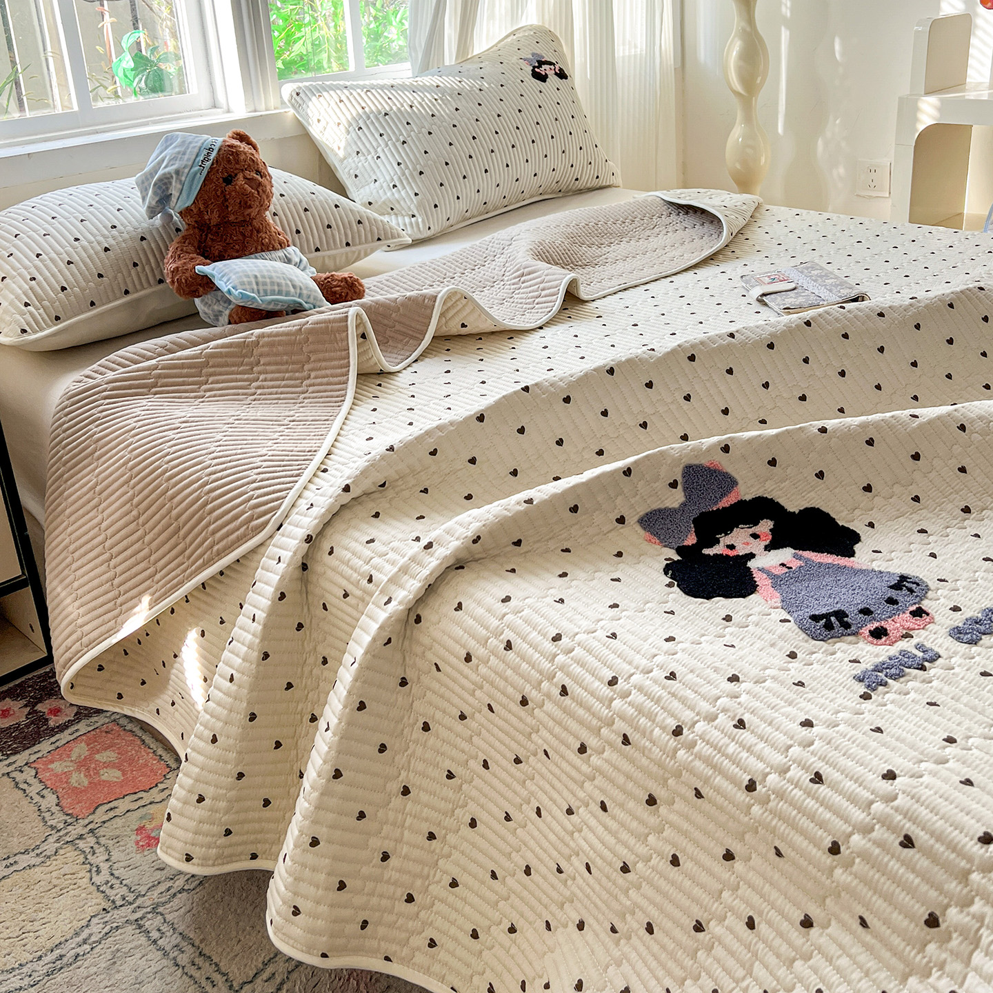 冬季全棉牛奶绒夹棉床盖单件2025新款卡通毛巾绣三件套床单床褥垫