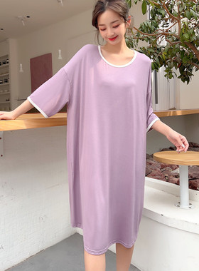 莫代尔宽松五分袖连衣裙女夏季薄款大码加肥a字裙可外穿家居睡裙