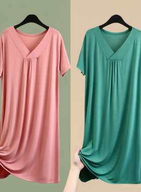 薄款莫代尔V领中长款睡裙夏大码a字短袖连衣裙宽松大摆裙家居裙