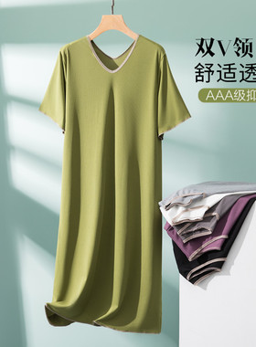 莫代尔V领连衣裙夏季大码睡裙宽松a字裙家居休闲裙螺纹短袖大摆裙