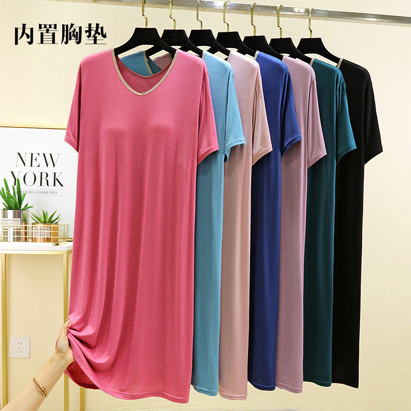带胸垫宽松短袖v领睡裙女夏季一体式家居服薄款睡衣可外穿连衣裙