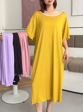 大圆领宽松休闲长裙莫代尔女夏纯色短袖A字裙宽松大码百搭连衣裙