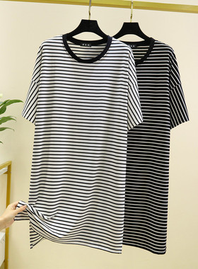 条纹连衣裙女夏季短袖宽松大码薄款莫代尔a字裙中长款睡裙可外穿