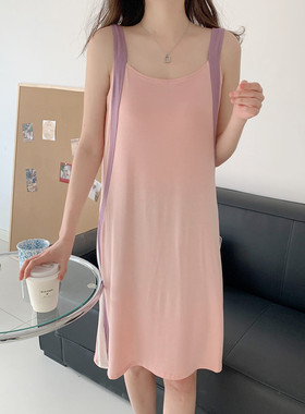 拼色莫代尔连衣裙夏季薄款大码吊带裙宽松睡裙可外穿a字裙中长款