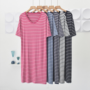 家居服睡裙宽松大码 莫代尔条纹连衣裙女短袖 睡衣百搭长裙 薄款 夏季