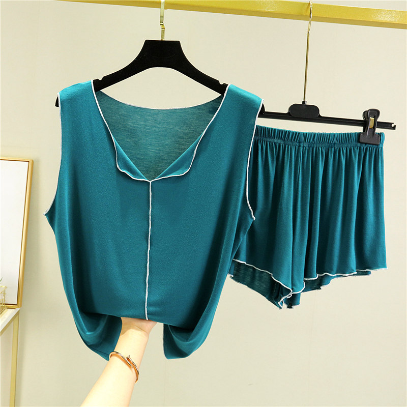 莫代尔睡衣女夏季2022年新款背心短裤薄款v领套装冰丝打底家居服