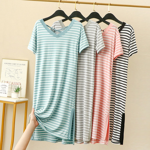 2023春夏莫代尔条纹短袖 显瘦V领打底长裙包臀 连衣裙女士宽松大码