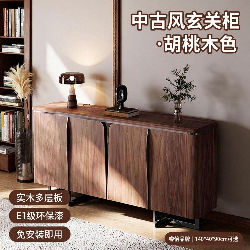 中古风玄关柜现代简约实木入户餐边柜多功能设计胡桃木色储物柜