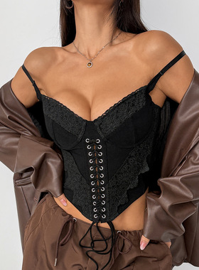 外贸欧美纯色拼接性感蕾丝小心机系带鱼骨钢圈小背心女71115