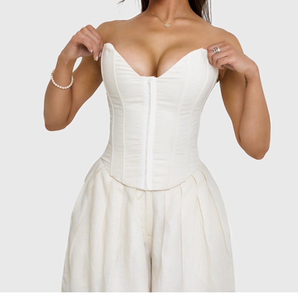 外贸独立站新款气质纯色束腰聚拢显胸设计感鱼骨小背心女2197