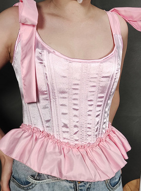 21173欧美春夏新款法式鱼骨束腰蝴蝶结肩带木耳边上衣女胸衣