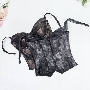 欧美PU皮晕染复古抹胸外穿质感美背紧身胸衣宫廷束腰小众鱼骨胸衣