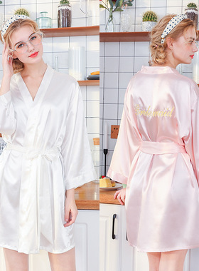 跨境丝绸睡袍结婚化妆袍刺绣Bdmd薄款开衫袍伴娘晨袍