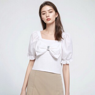 法式靓妹女装方领蝴蝶结纯色拼接短袖针织衫夏季新款洋气百搭上衣