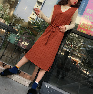 新款 冬季 女装 V领中长款 连衣裙 3122嘟嘟猫外贸针织 无袖 气质韩版