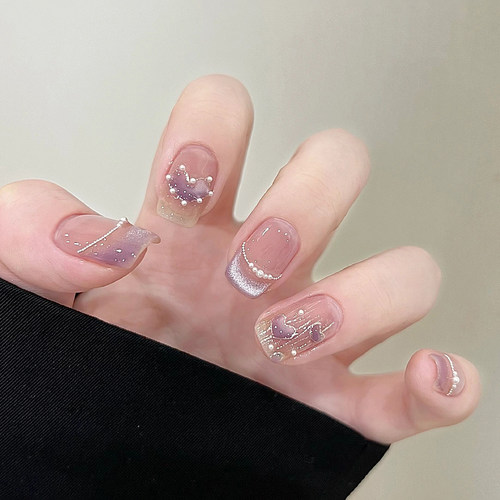 萤火虫手指甲贴片可爱手绘爱心法式跳色美甲成品纯手工学生穿戴甲