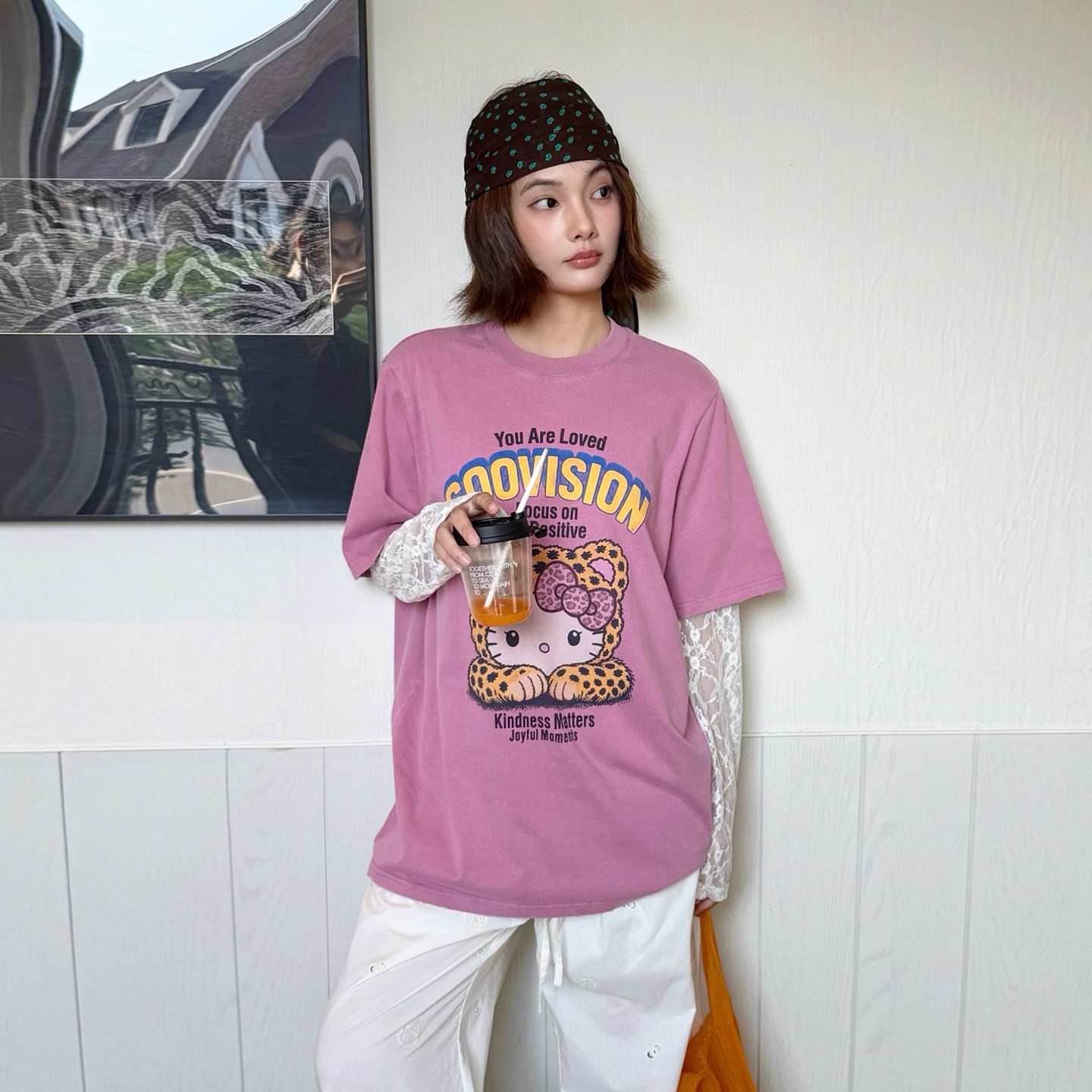 卡通豹纹小猫字母印花粉色T恤女