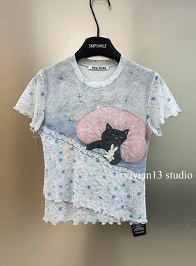 睡觉小猫图案印花网纱T恤女