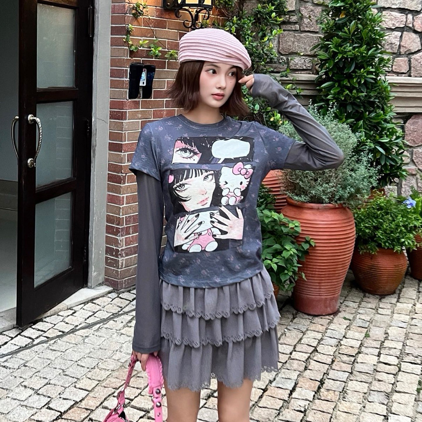 美少女小猫卡通印花T恤女