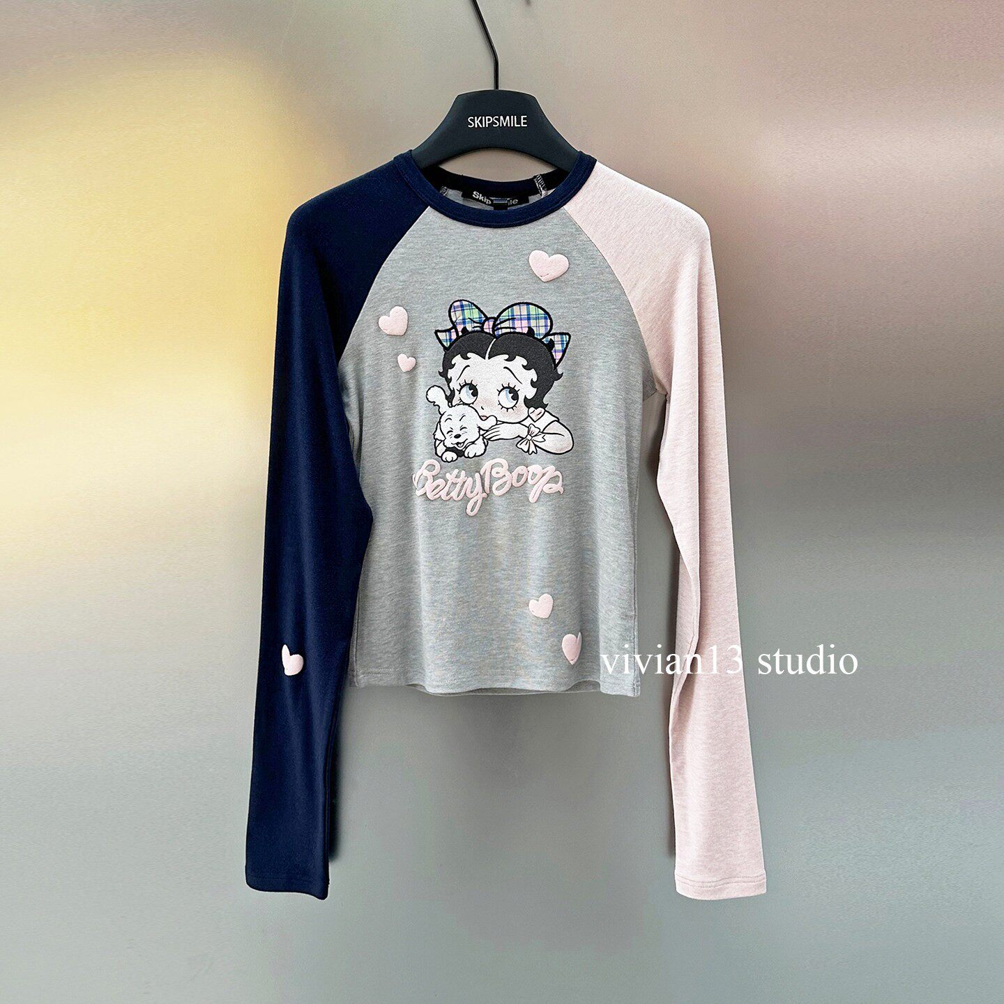 卡通女孩印花发泡爱心插肩袖T恤