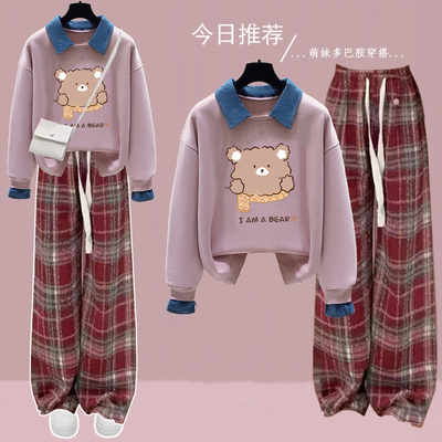 初中生春秋装青少年女孩学院风套装大童假两件卫衣+休闲格子裤
