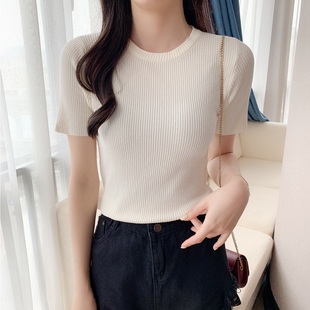 打底针织衫 薄款 短袖 冰丝t恤女上衣ins 女短款 2025新款 夏季 圆领修身