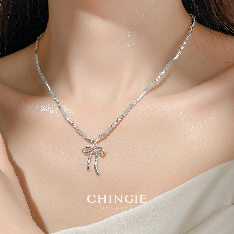 青芥高级设计感蓝色水晶串珠项链