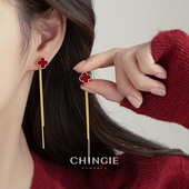 红色四叶草长流苏耳饰轻奢高级感蚊香盘耳夹女无耳洞新年跨年耳环