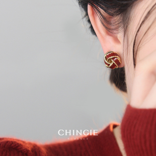 「青芥」新年复古红色同心结耳环轻奢高级马年本命年耳饰耳钉耳夹