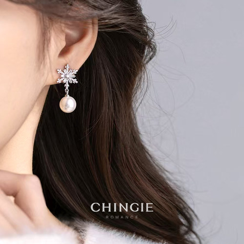 青芥雪花珍珠耳夹耳坠