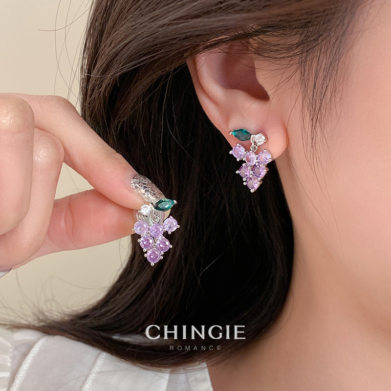 青芥锆石紫葡萄耳夹耳饰