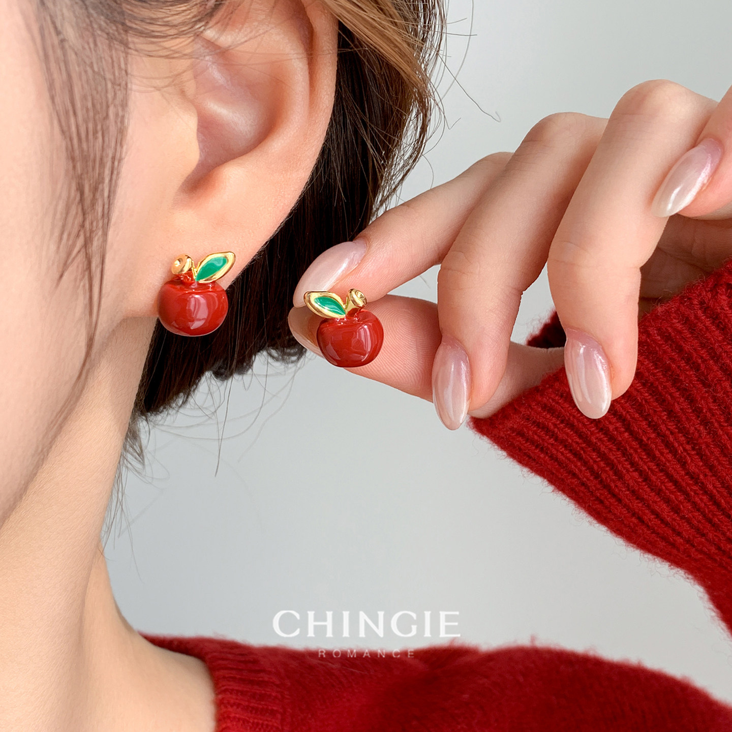 「青芥」秋冬简约精致红色小苹果耳环甜美可爱滴釉耳饰圣诞节耳夹,饰品/流行首饰/时尚饰品新,耳夹,淘宝优惠券,粉丝福利购,淘宝优惠卷